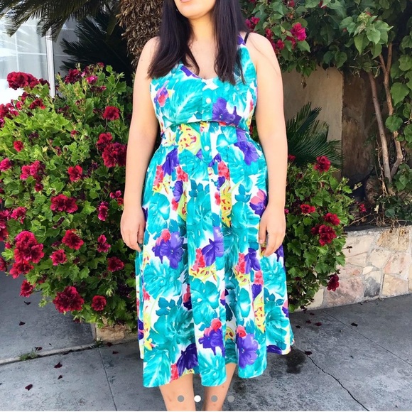 80s vintage floral halter watercolor dress - Picture 2 of 4